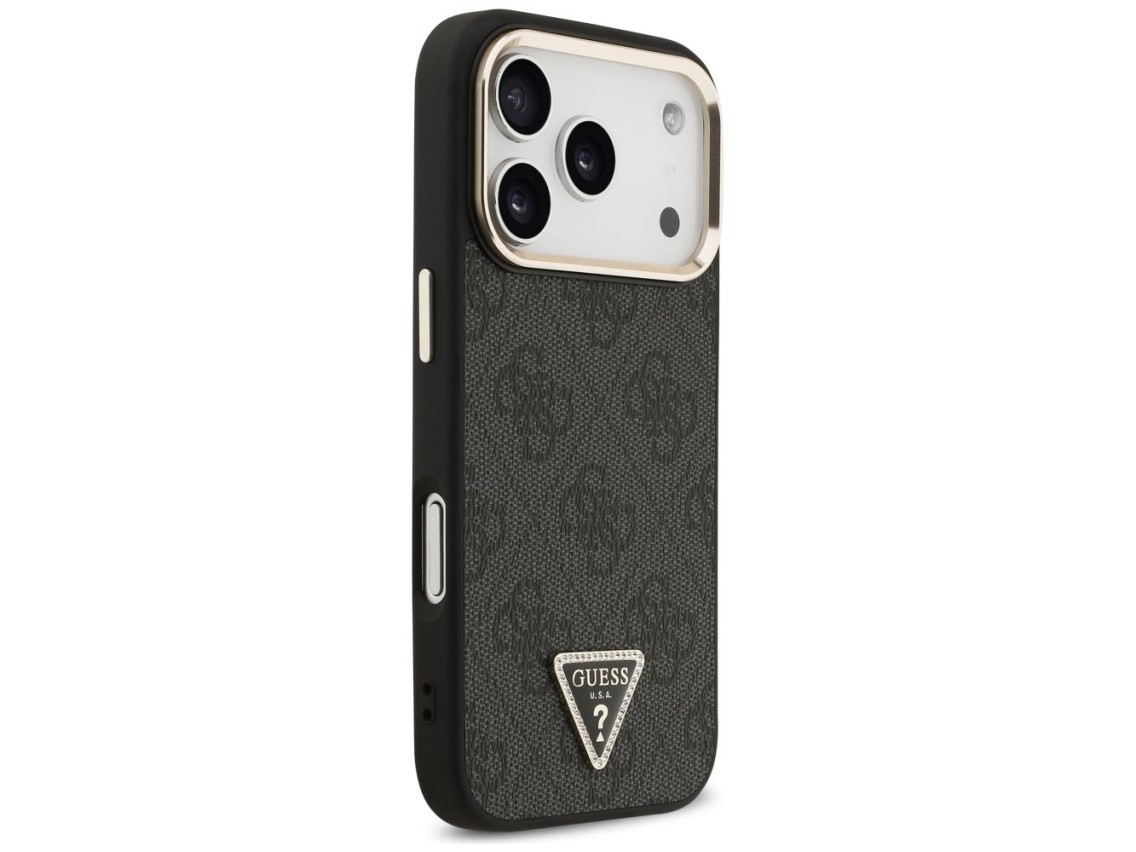 Capa Guess 4G com logotipo triangular e MagSafe para iPhone 17 Pro - Preto e Dourado