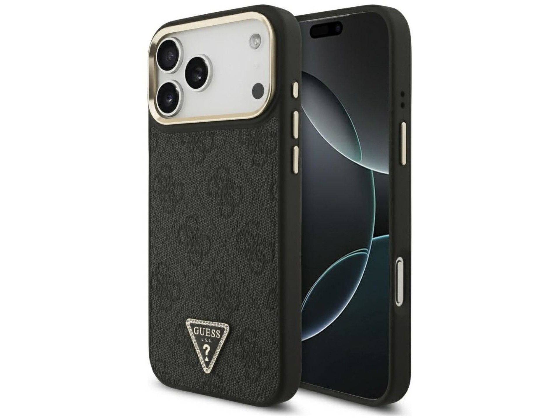 Capa Guess 4G com logotipo triangular e MagSafe para iPhone 17 Pro Max - Preto e Dourado