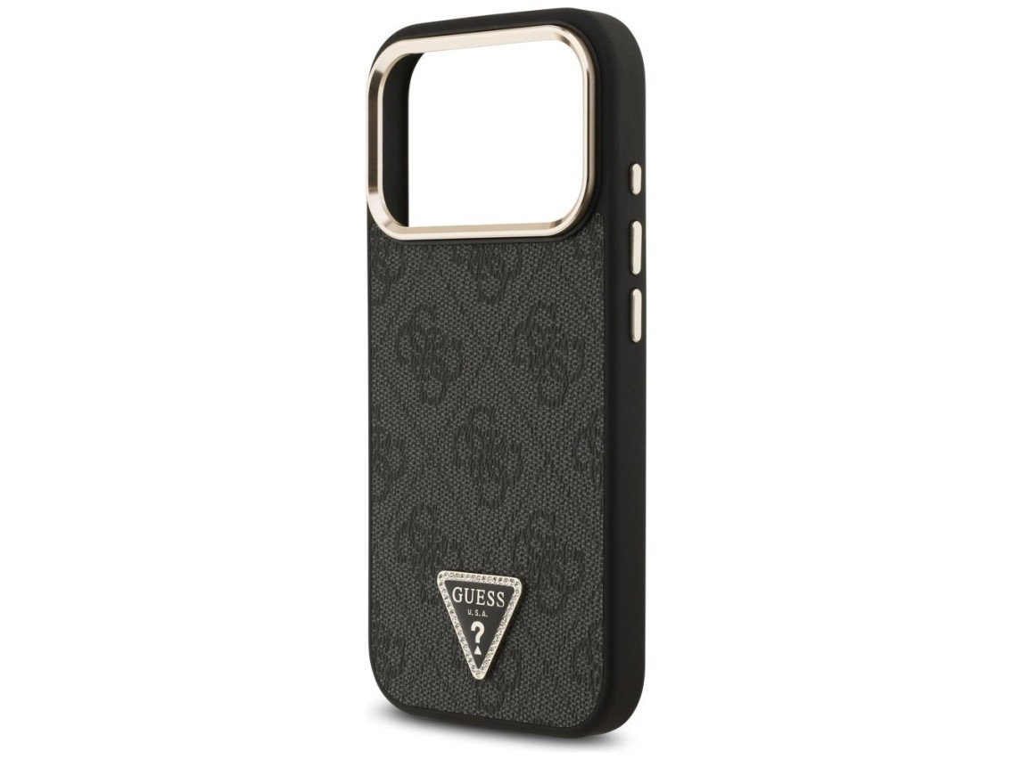 Capa Guess 4G com logotipo triangular e MagSafe para iPhone 17 Pro - Preto e Dourado