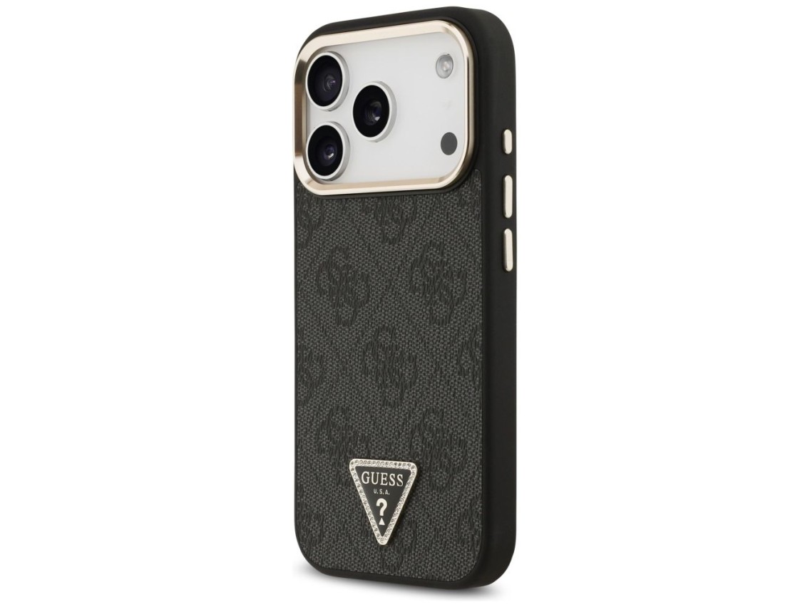 Capa Guess 4G com logotipo triangular e MagSafe para iPhone 17 Pro - Preto e Dourado
