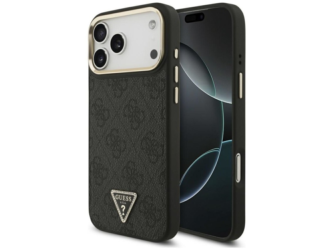 Capa Guess 4G com logotipo triangular e MagSafe para iPhone 17 Pro Max - Preto e Dourado