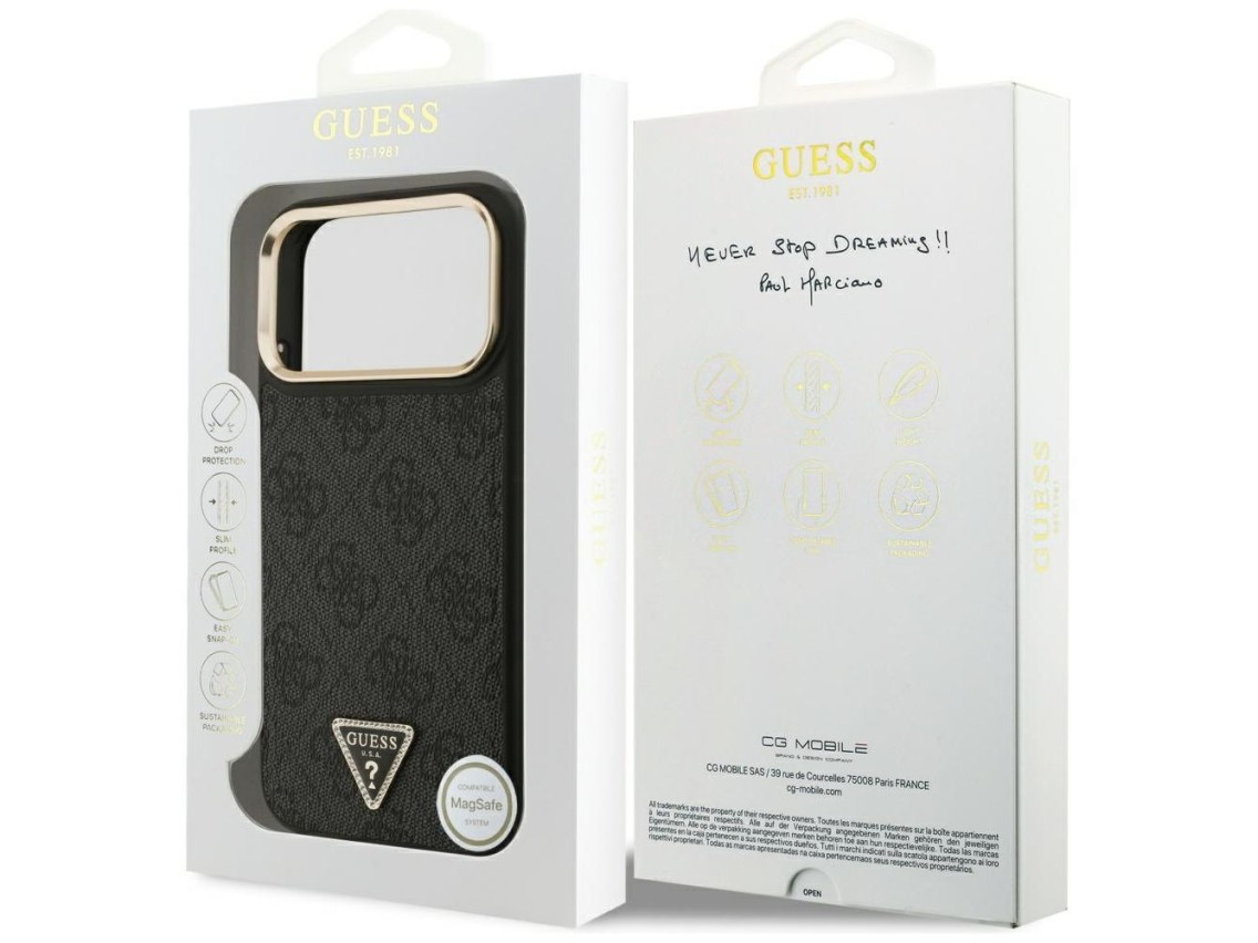 Capa Guess 4G com logotipo triangular e MagSafe para iPhone 17 Pro Max - Preto e Dourado