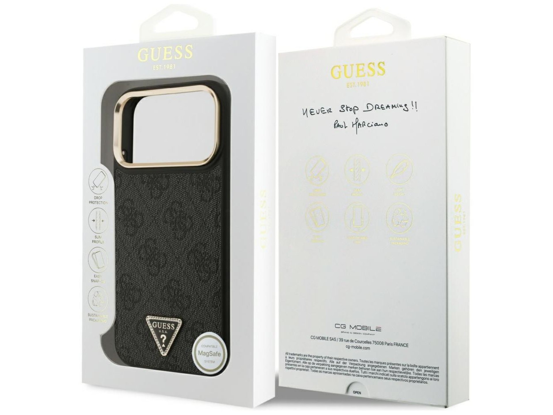 Capa Guess 4G com logotipo triangular e MagSafe para iPhone 17 Pro Max - Preto e Dourado