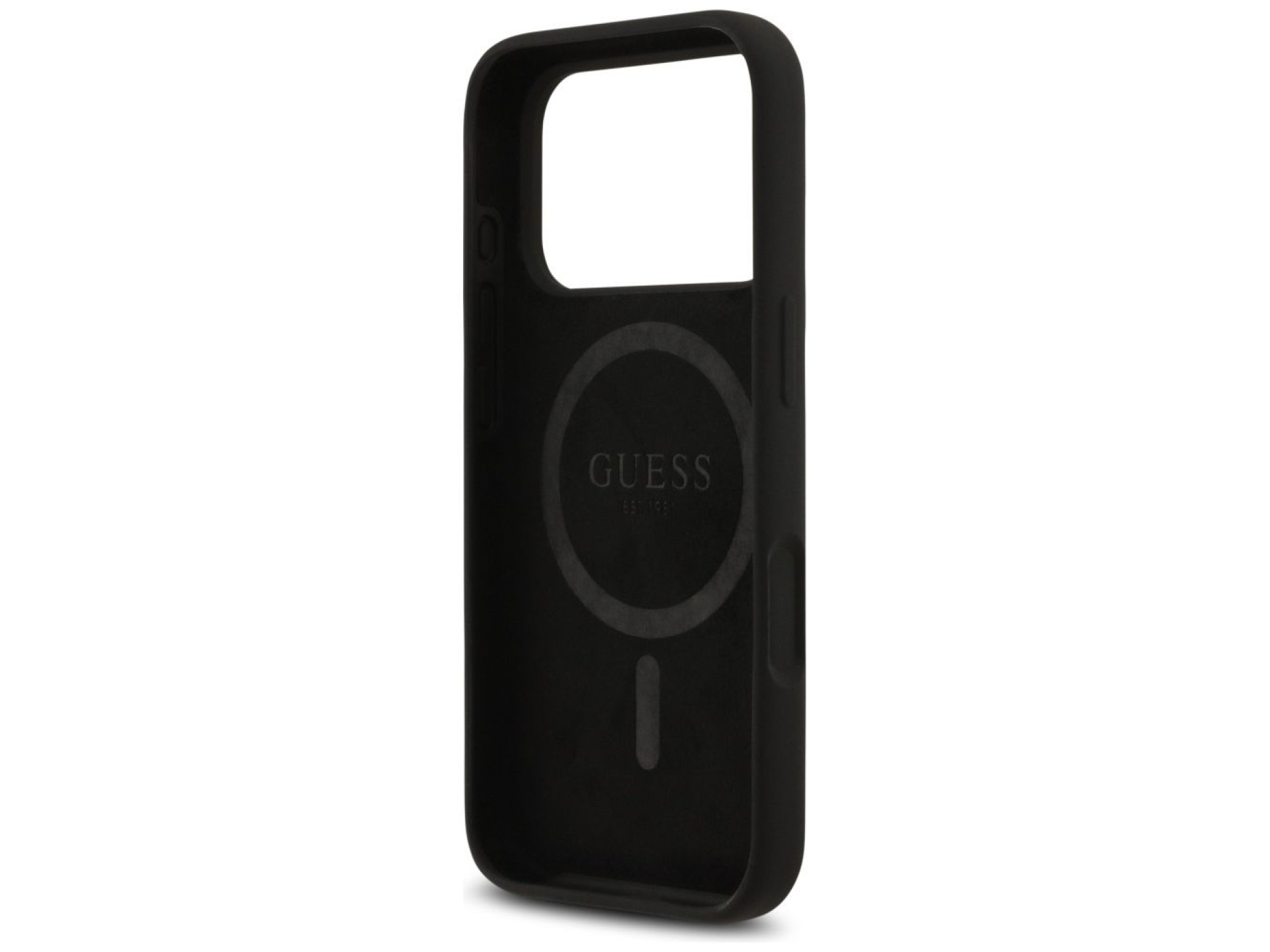 Capa MagSafe de silicone com logo triangular da Guess para iPhone 17 Pro Max - Preta