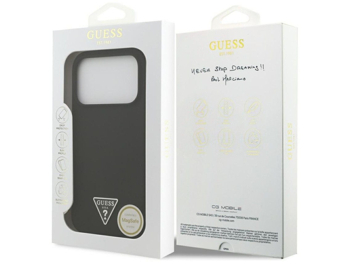 Capa MagSafe de silicone com logo triangular da Guess para iPhone 17 Pro Max - Preta