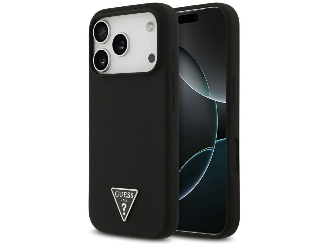 Capa MagSafe de silicone com logo triangular da Guess para iPhone 17 Pro Max - Preta
