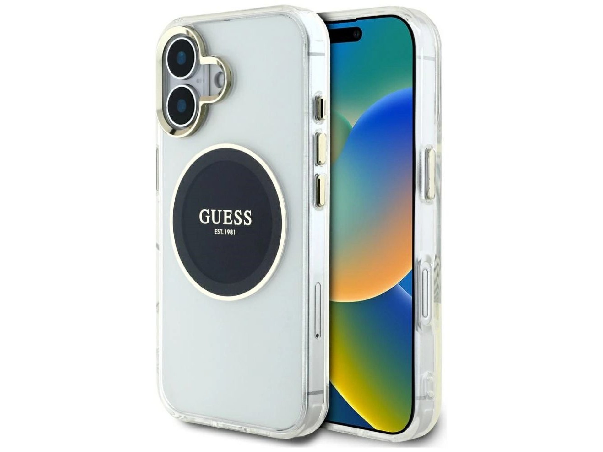 Funda Guess IML Metal Colored Circle Classic Logo MagSafe para iPhone 16 - negra