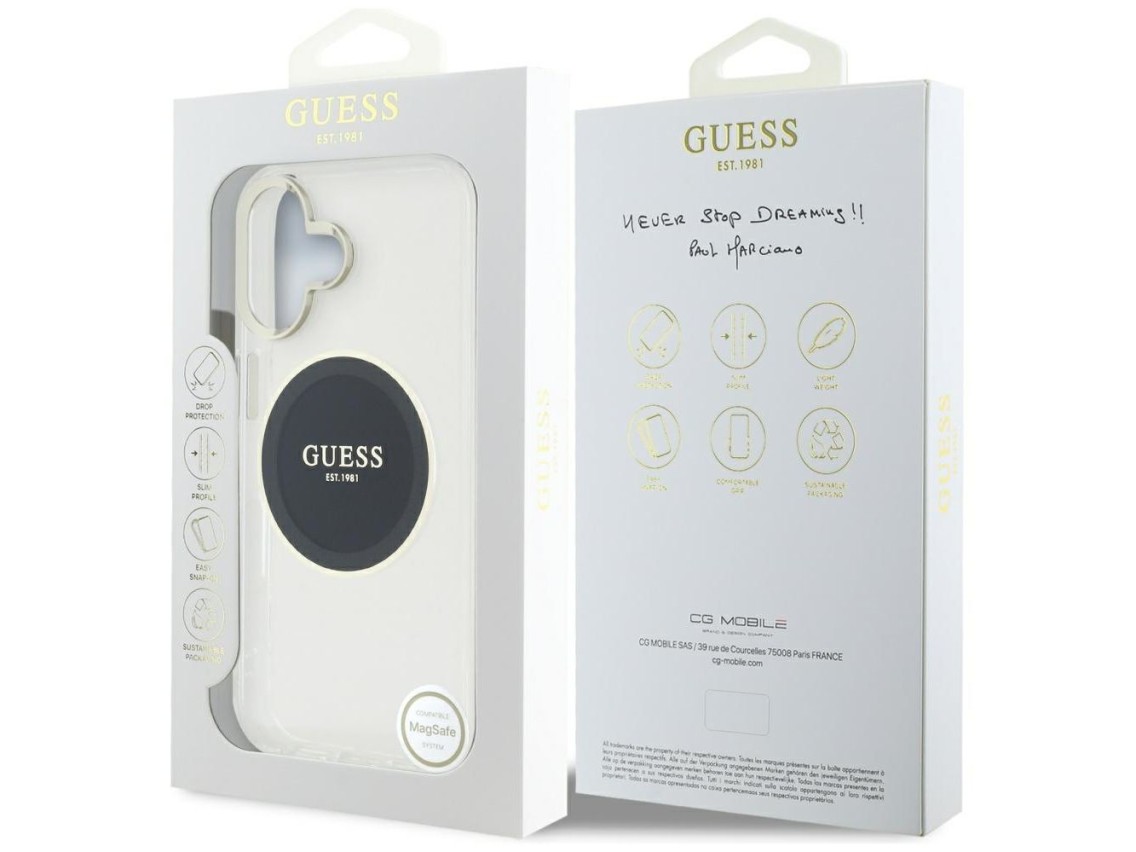 Funda Guess IML Metal Colored Circle Classic Logo MagSafe para iPhone 16 - negra