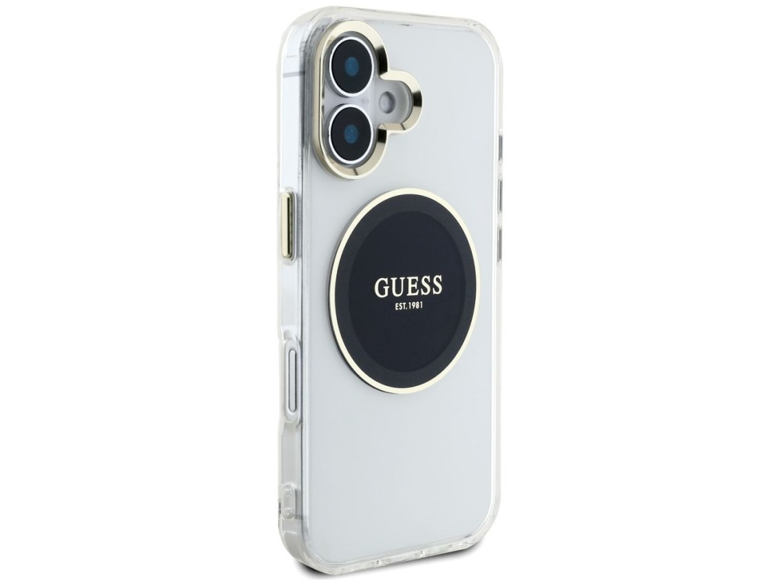 Funda Guess IML Metal Colored Circle Classic Logo MagSafe para iPhone 16 - negra
