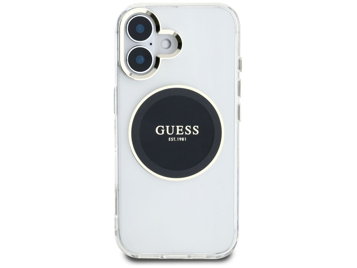 Funda Guess IML Metal Colored Circle Classic Logo MagSafe para iPhone 16 - negra