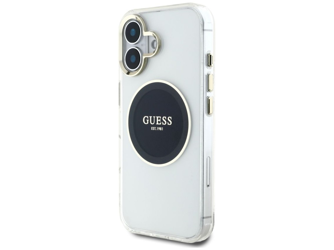 Funda Guess IML Metal Colored Circle Classic Logo MagSafe para iPhone 16 - negra