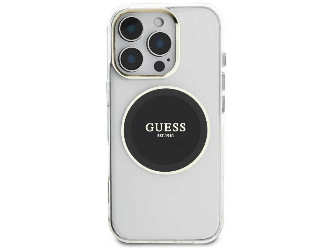 Capa MagSafe Guess IML com logotipo clássico em círculo metálico para iPhone 16 Pro Max - Preta