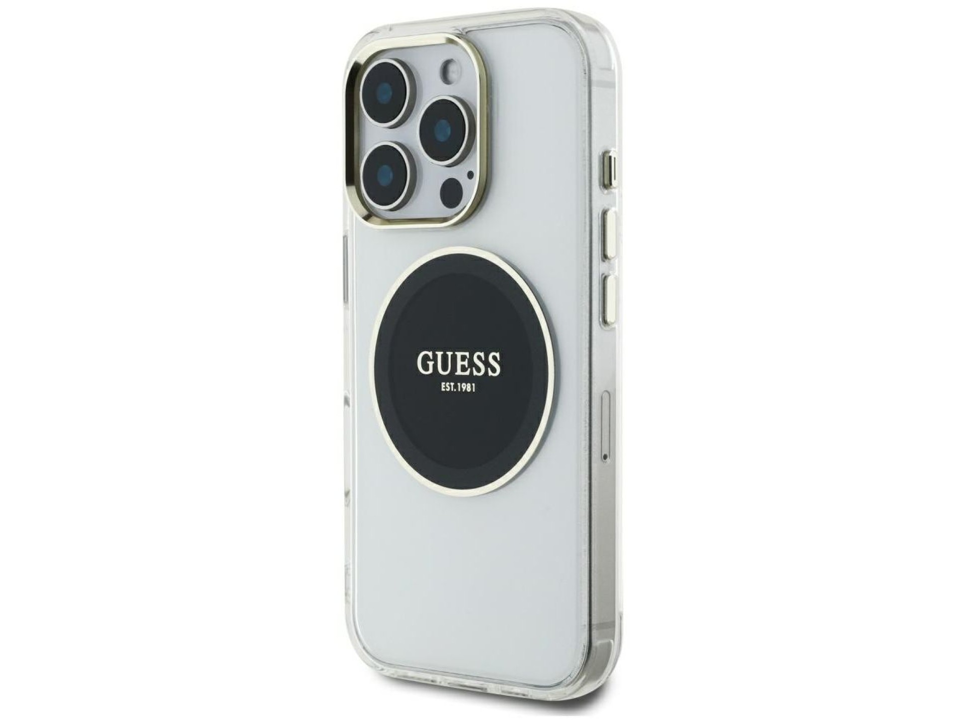 Capa MagSafe Guess IML com logotipo clássico em círculo metálico para iPhone 16 Pro Max - Preta