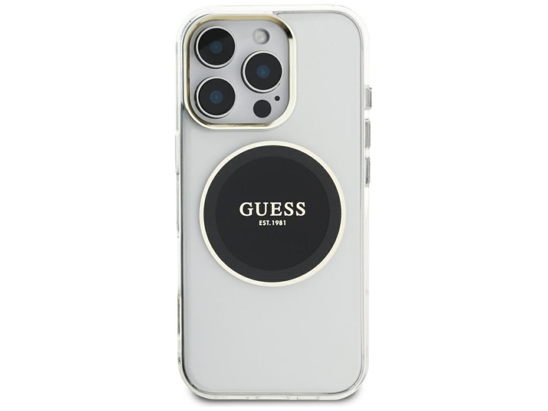 Capa MagSafe Guess IML com logotipo clássico em círculo metálico para iPhone 16 Pro Max - Preta