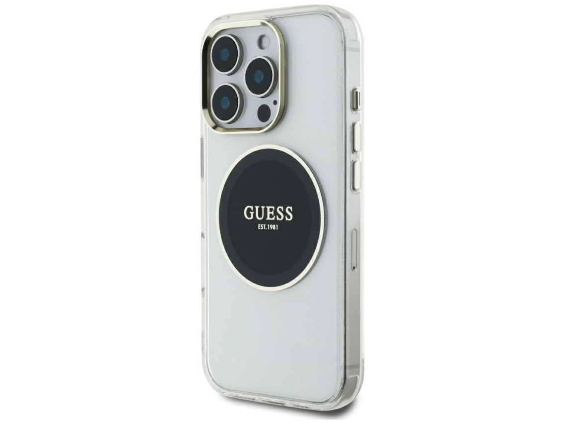 Capa MagSafe Guess IML com logotipo clássico em círculo metálico para iPhone 16 Pro Max - Preta