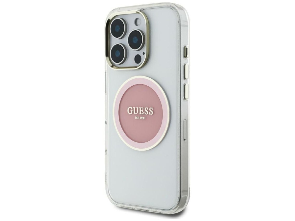 Capa MagSafe Guess IML Metal Colored Circle Classic Logo para iPhone 16 Pro Max - rosa