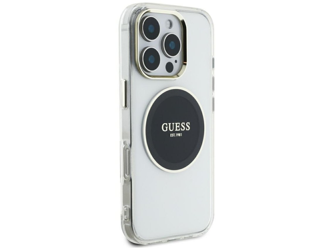 Capa MagSafe Guess IML com logotipo clássico em círculo metálico para iPhone 16 Pro Max - Preta