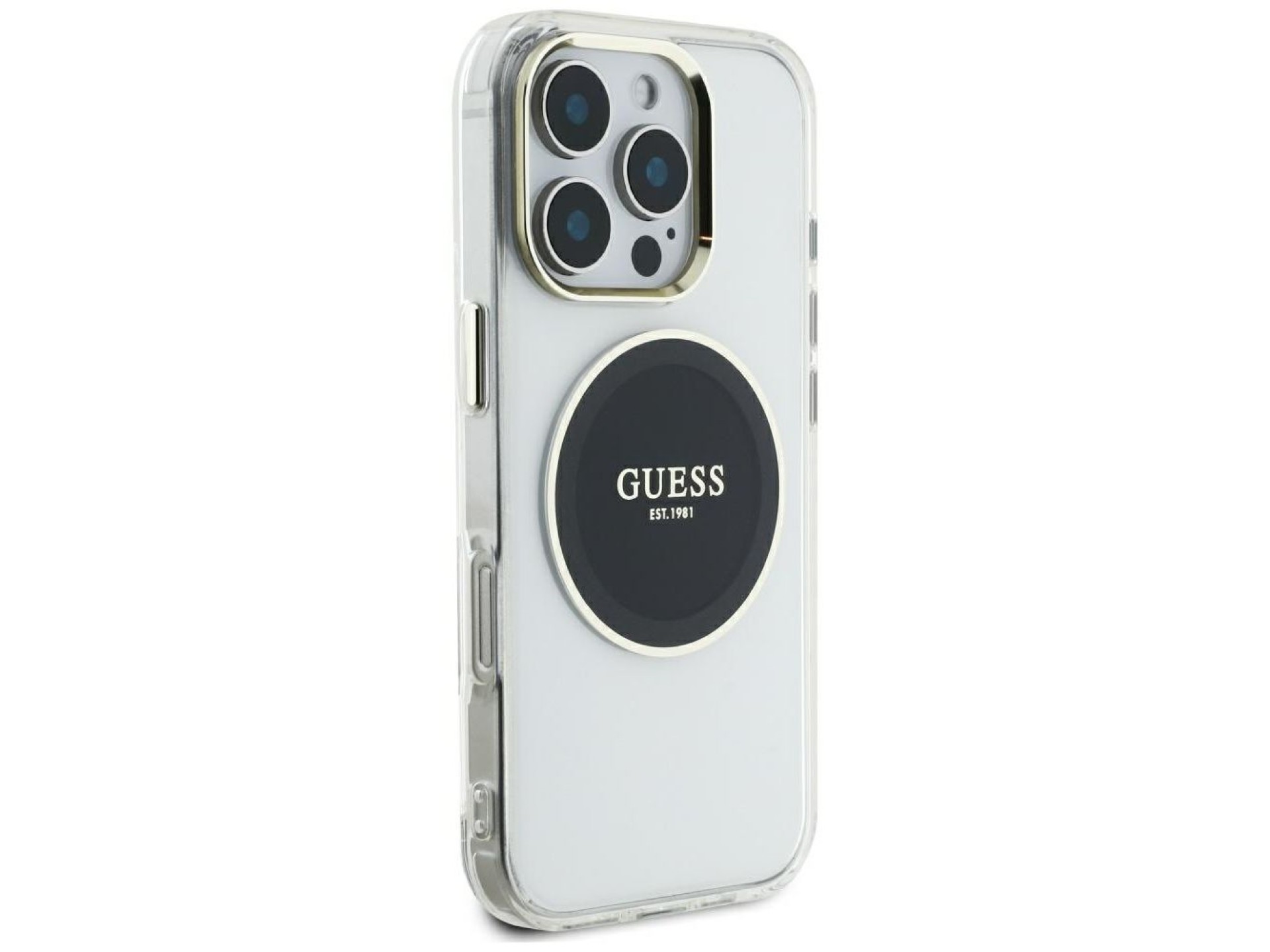 Capa MagSafe Guess IML com logotipo clássico em círculo metálico para iPhone 16 Pro Max - Preta