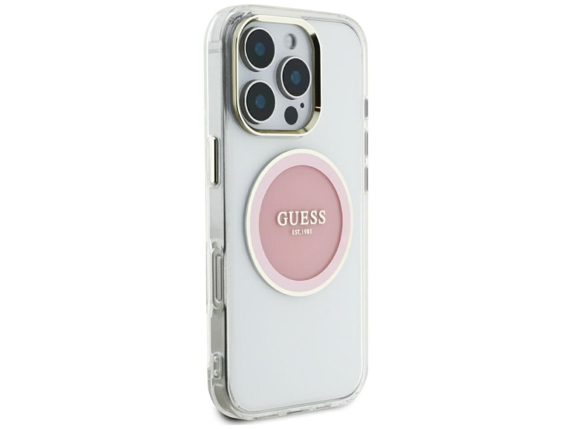 Capa MagSafe Guess IML Metal Colored Circle Classic Logo para iPhone 16 Pro Max - rosa