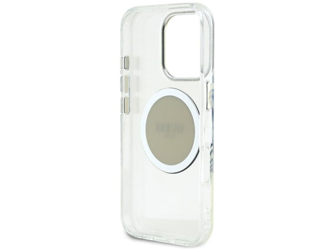 Funda Guess IML Metal Colored Circle Classic Logo MagSafe para iPhone 16 Pro Max - gris