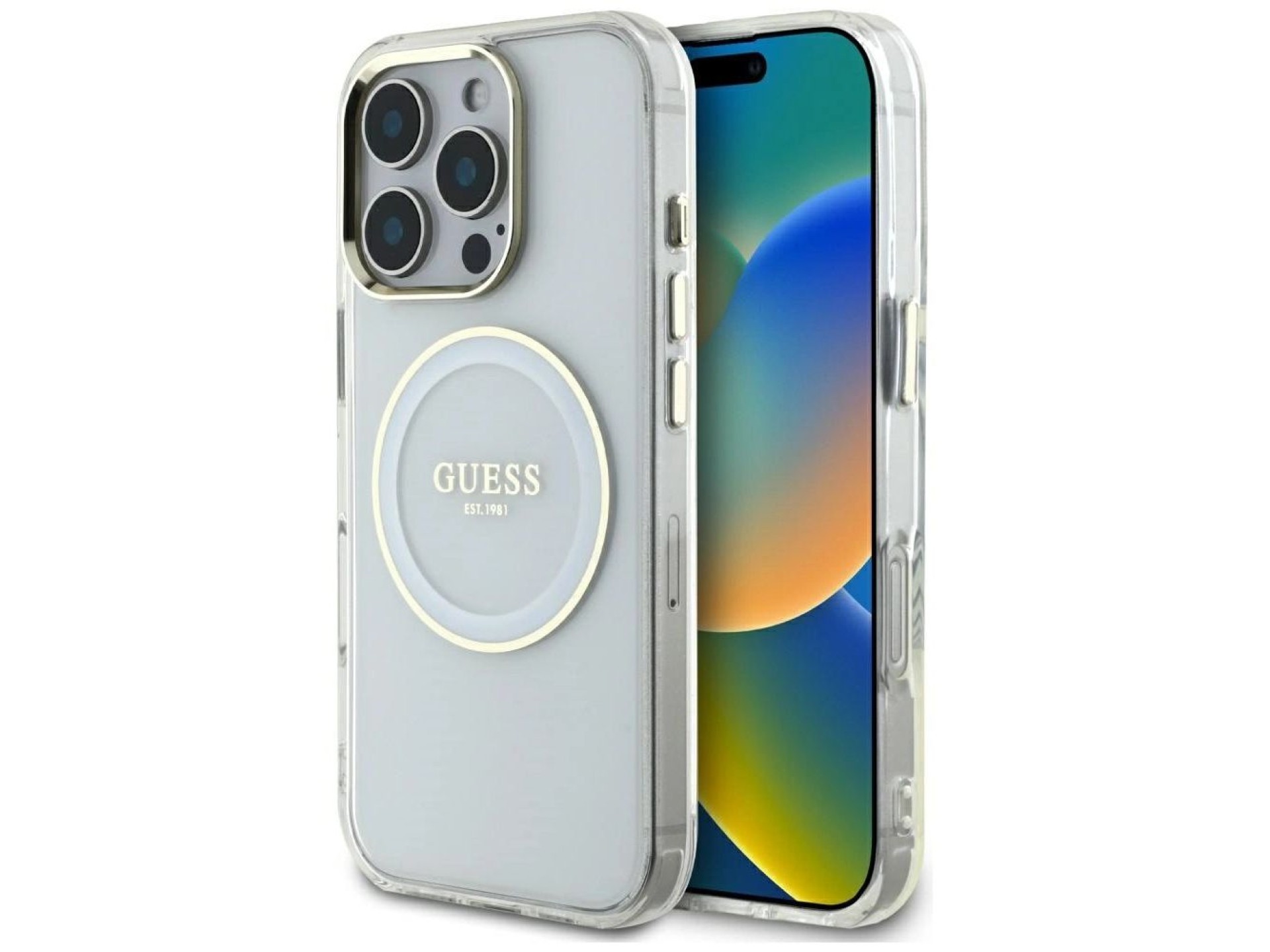 Capa MagSafe Guess IML Metal Colored Circle Classic Logo para iPhone 16 Pro - branca