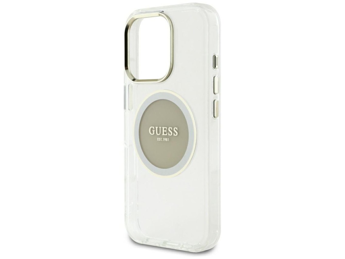 Funda Guess IML Metal Colored Circle Classic Logo MagSafe para iPhone 16 Pro Max - gris