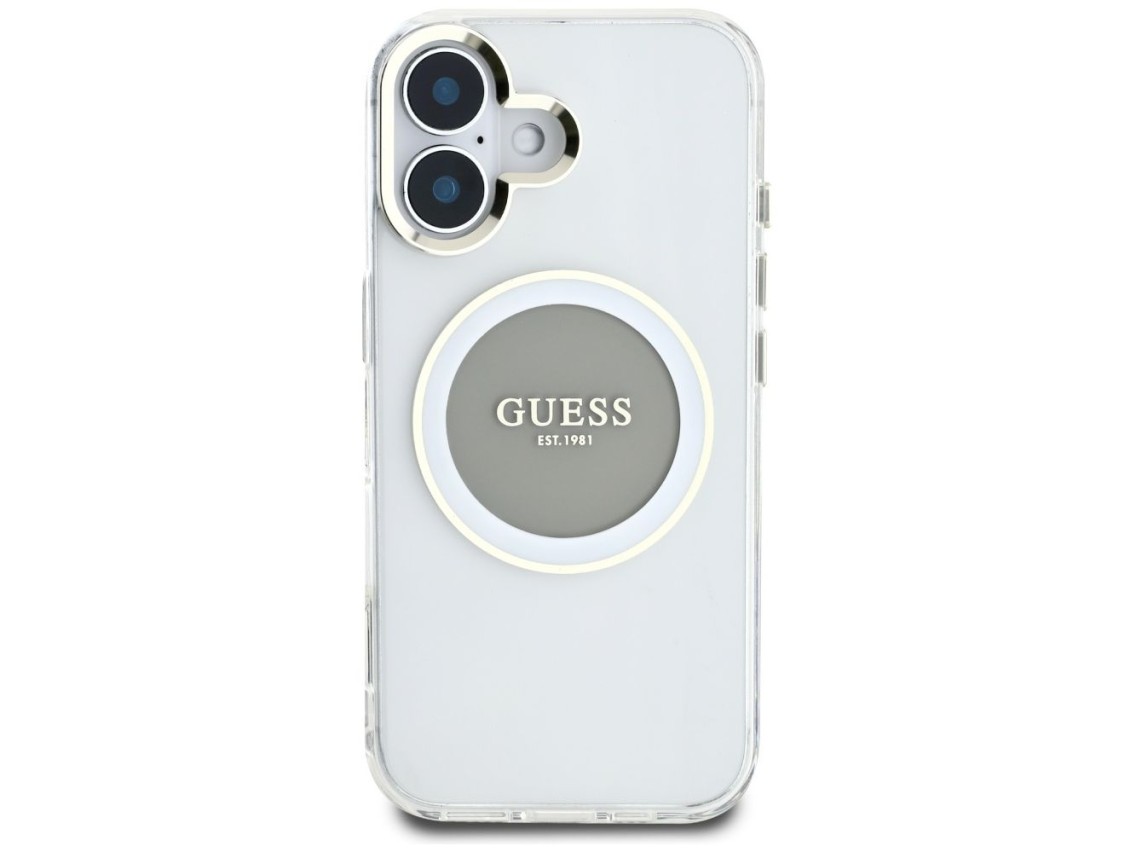 Capa MagSafe Guess IML Metal Colored Circle Classic Logo para iPhone 16 - cinza