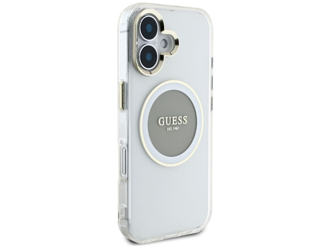 Capa MagSafe Guess IML Metal Colored Circle Classic Logo para iPhone 16 - cinza