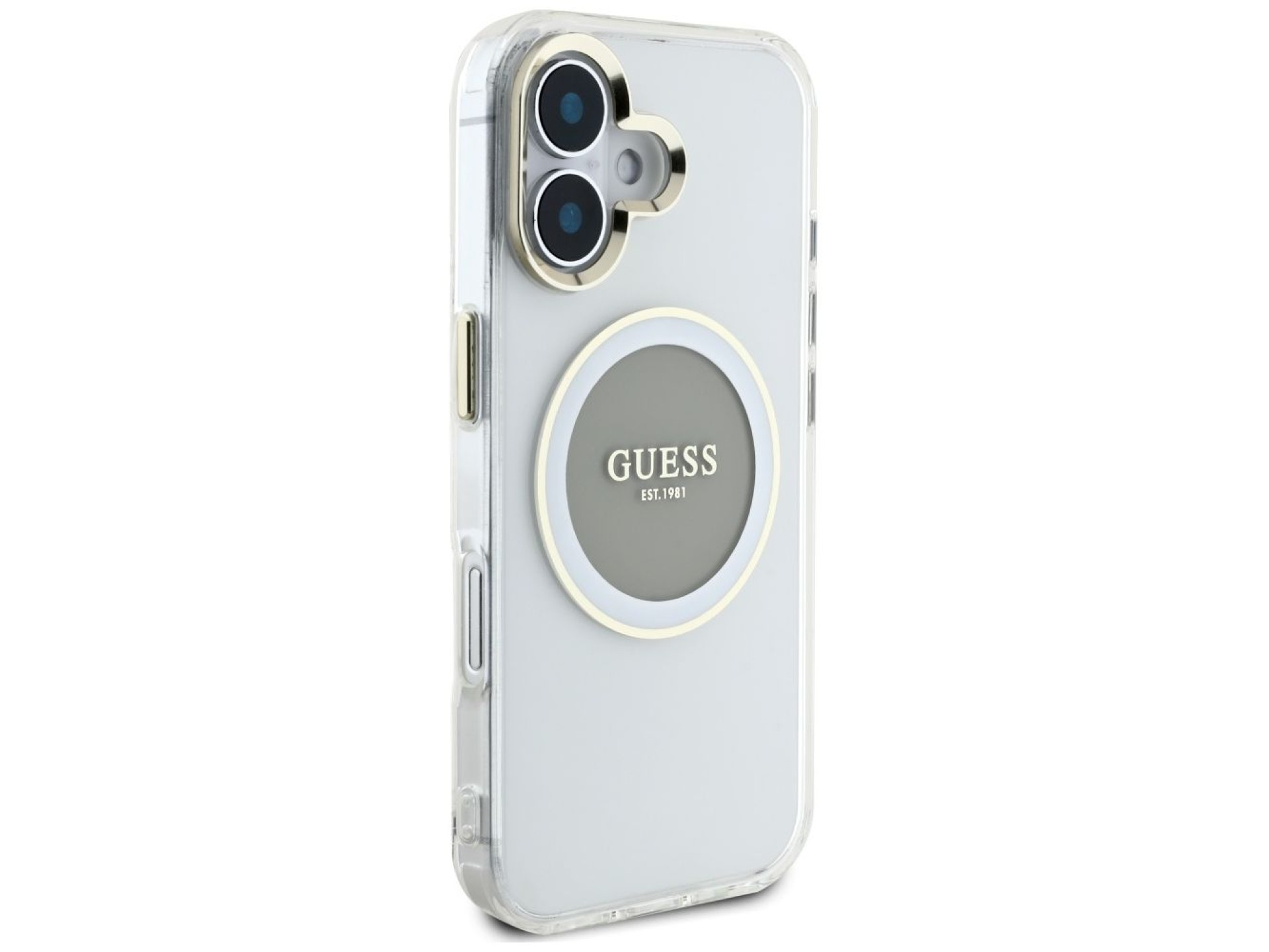 Capa MagSafe Guess IML Metal Colored Circle Classic Logo para iPhone 16 - cinza