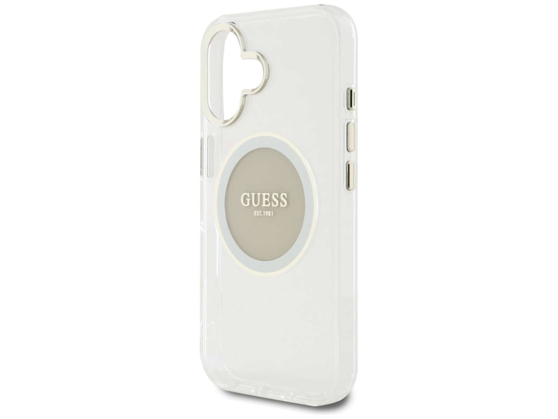 Capa MagSafe Guess IML Metal Colored Circle Classic Logo para iPhone 16 - cinza