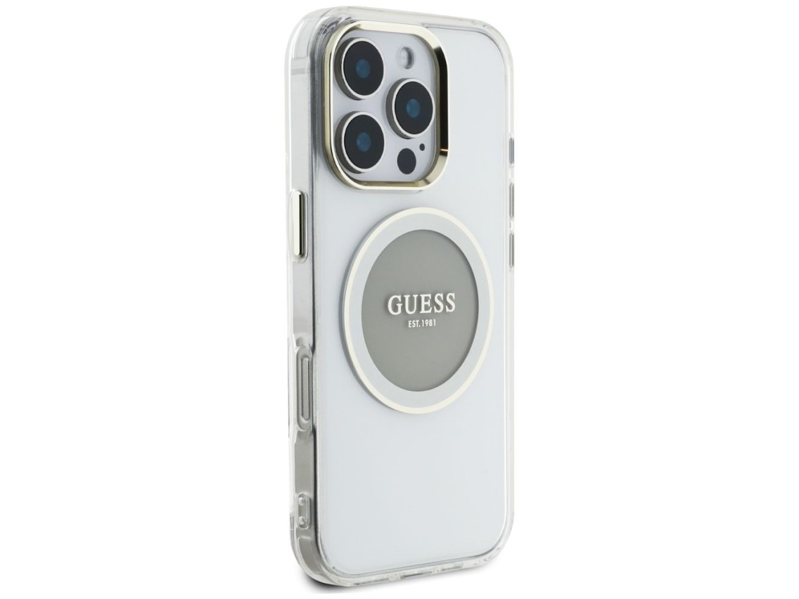 Capa MagSafe Guess IML Metal Colored Circle Classic Logo para iPhone 16 Pro - cinza