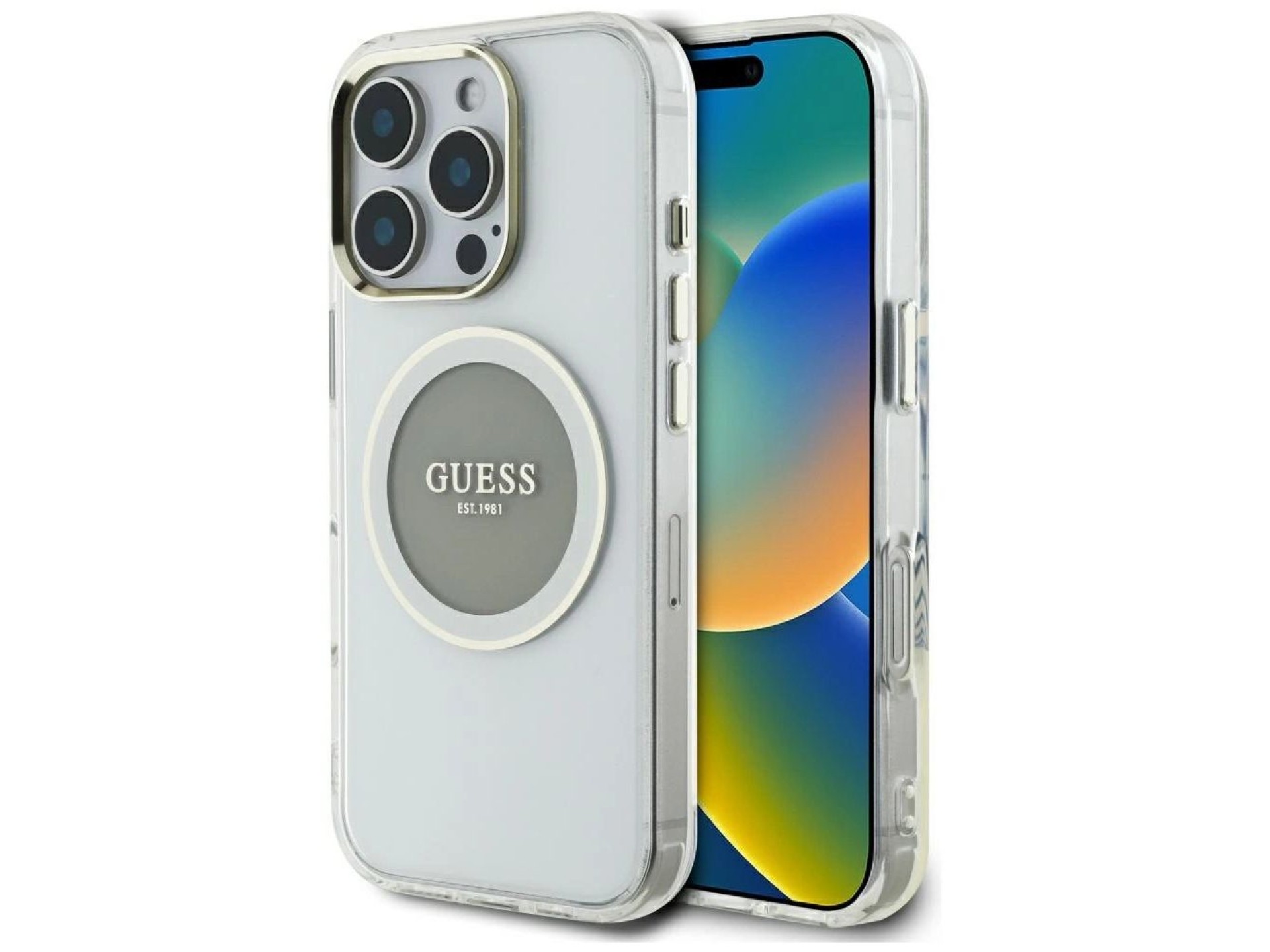Funda Guess IML Metal Colored Circle Classic Logo MagSafe para iPhone 16 Pro Max - gris