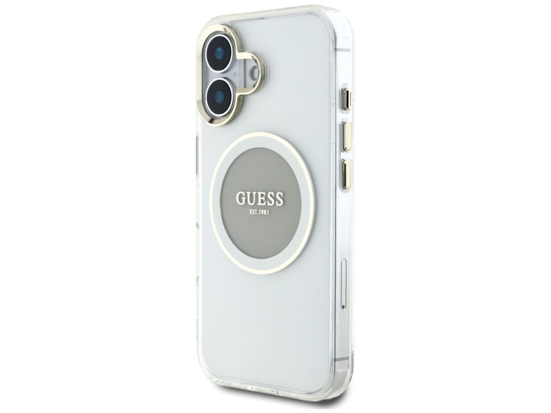 Capa MagSafe Guess IML Metal Colored Circle Classic Logo para iPhone 16 - cinza