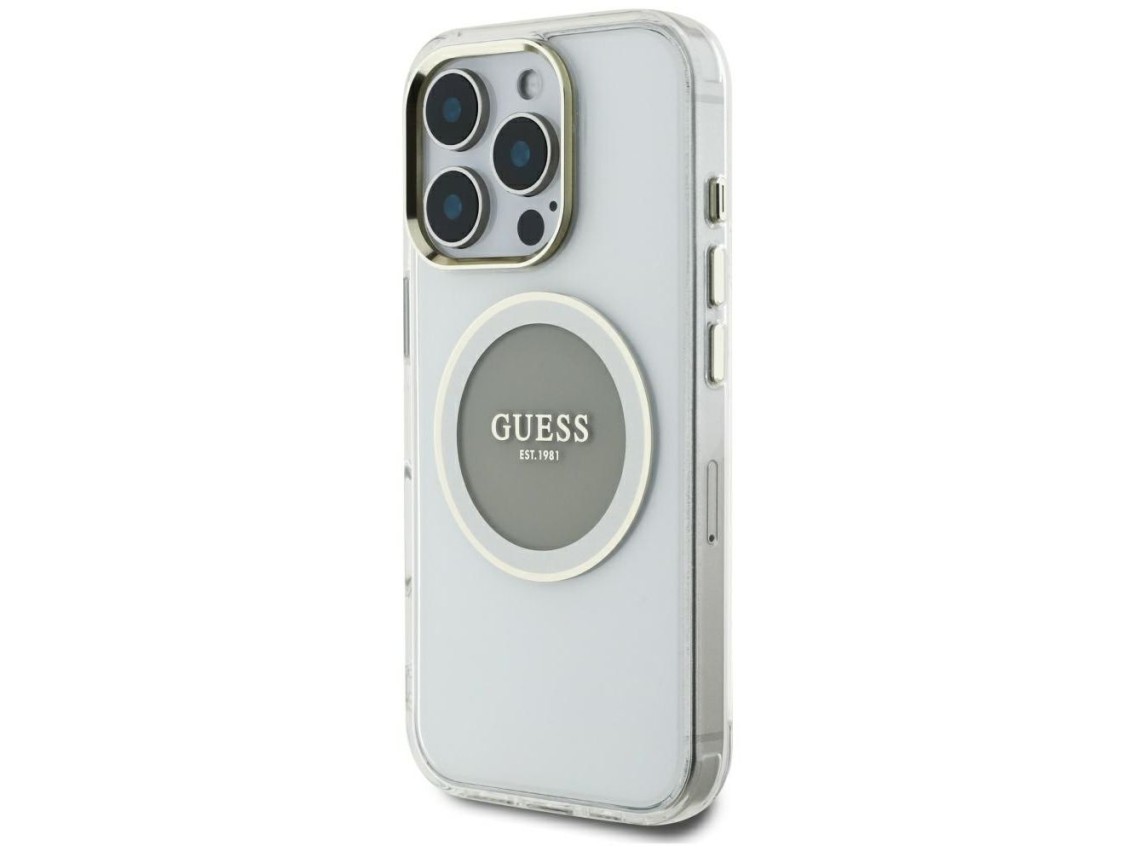 Funda Guess IML Metal Colored Circle Classic Logo MagSafe para iPhone 16 Pro Max - gris