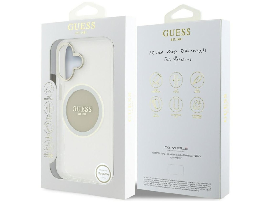 Capa MagSafe Guess IML Metal Colored Circle Classic Logo para iPhone 16 - cinza
