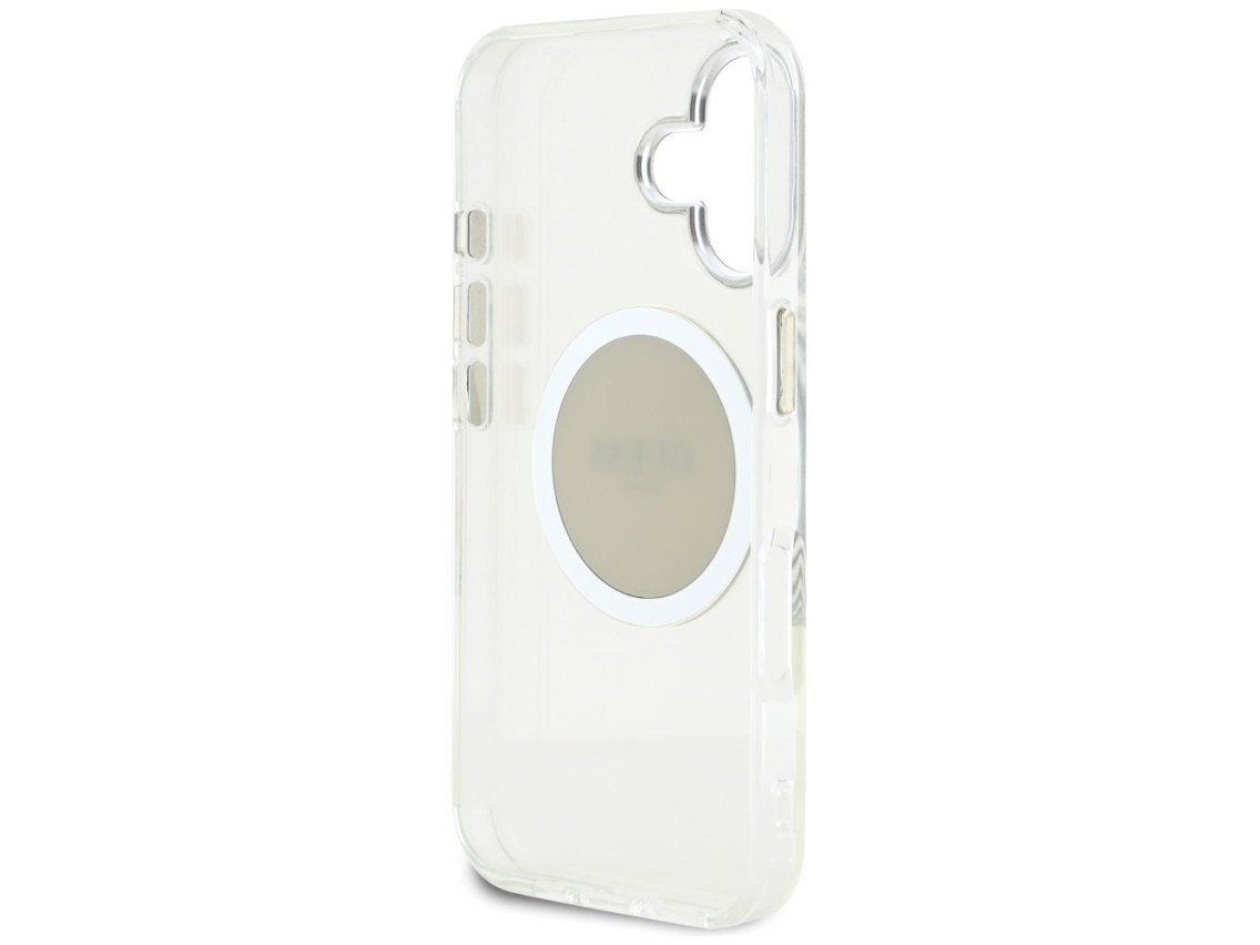 Capa MagSafe Guess IML Metal Colored Circle Classic Logo para iPhone 16 - cinza