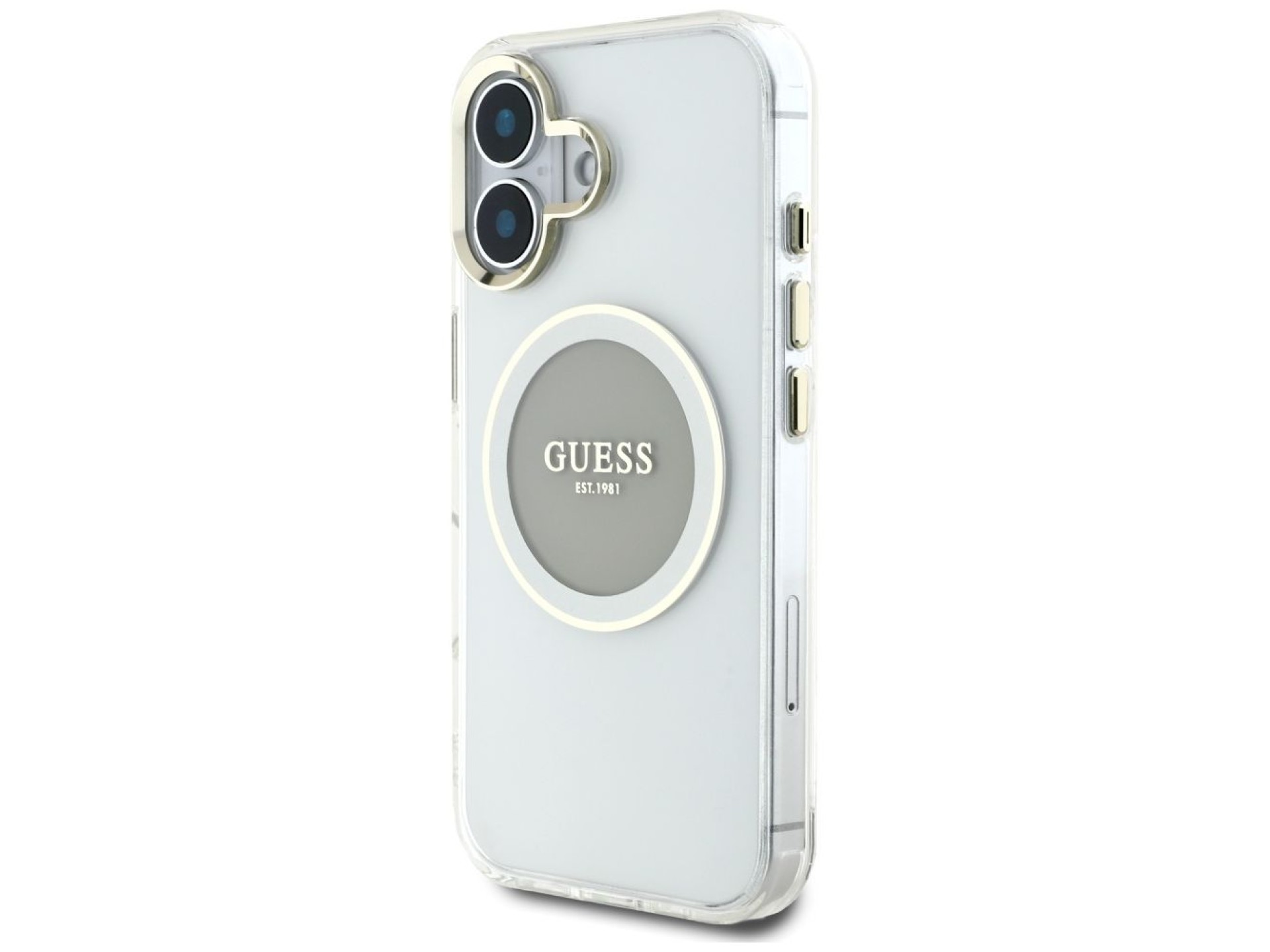 Capa MagSafe Guess IML Metal Colored Circle Classic Logo para iPhone 16 - cinza