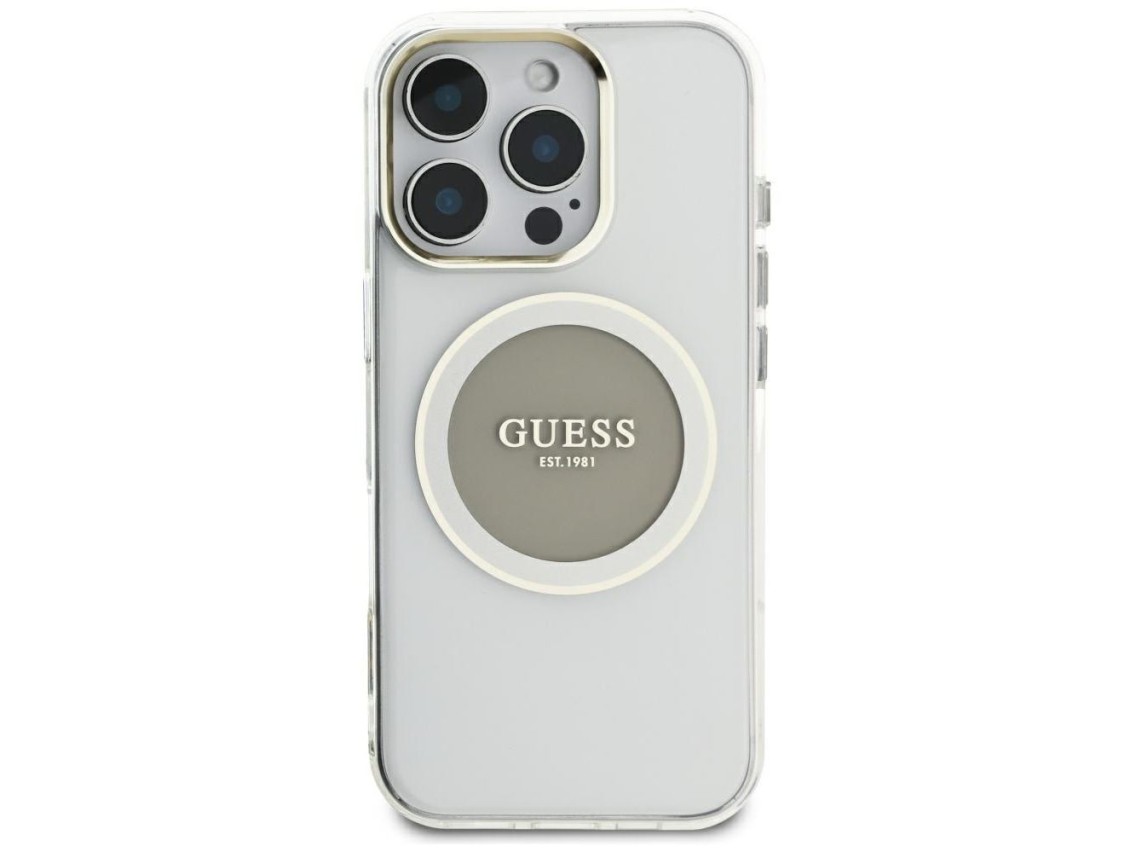 Funda Guess IML Metal Colored Circle Classic Logo MagSafe para iPhone 16 Pro Max - gris