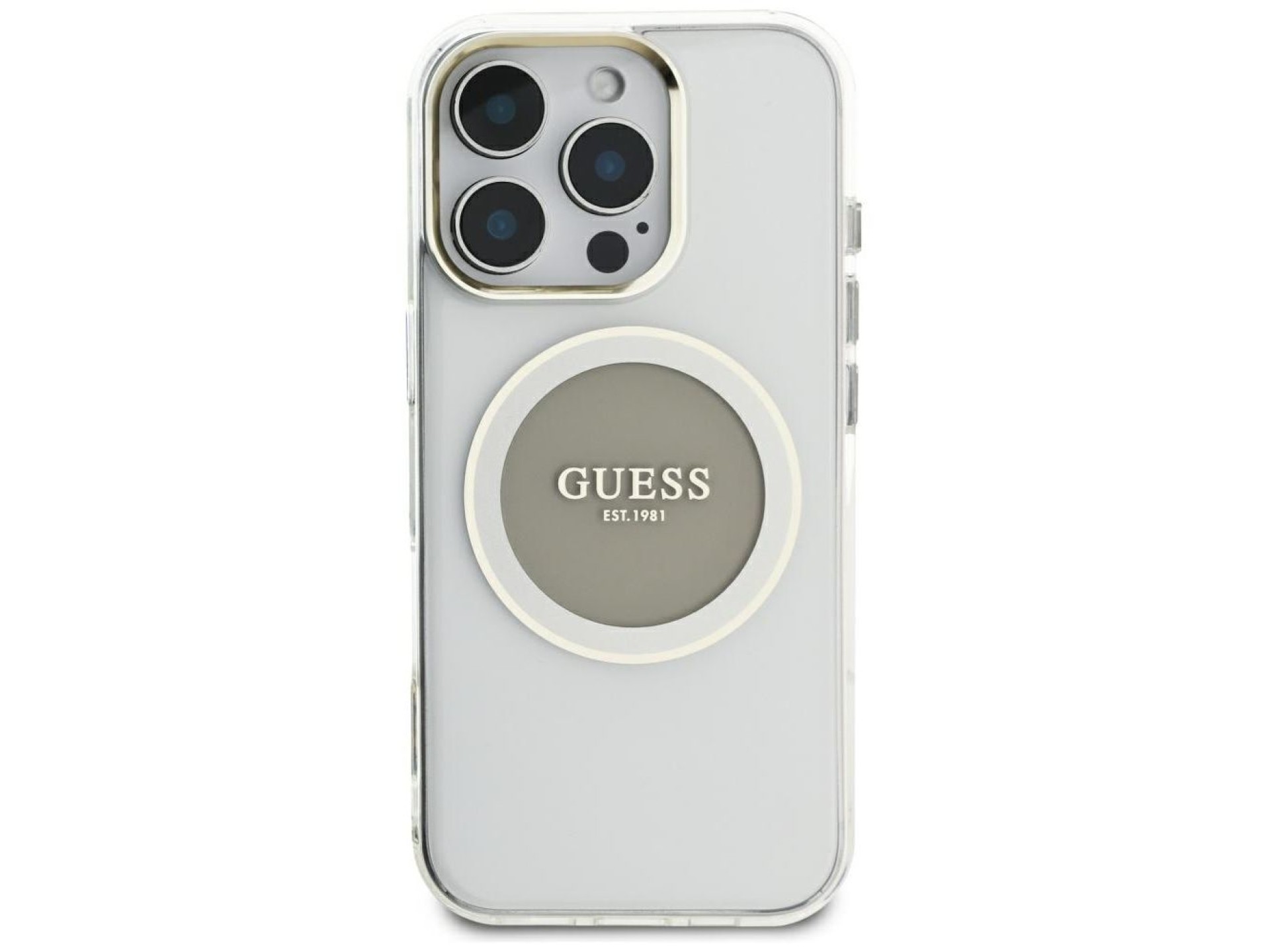 Funda Guess IML Metal Colored Circle Classic Logo MagSafe para iPhone 16 Pro Max - gris