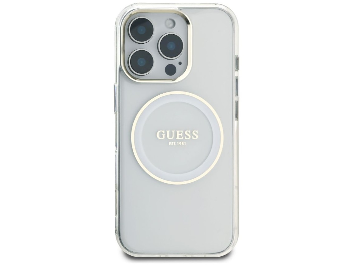 Capa MagSafe Guess IML Metal Colored Circle Classic Logo para iPhone 16 Pro - branca