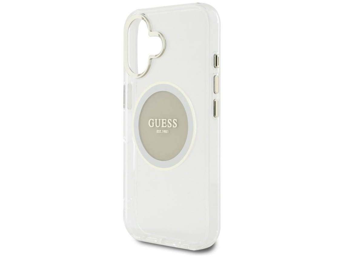 Capa MagSafe Guess IML Metal Colored Circle Classic Logo para iPhone 16 - cinza