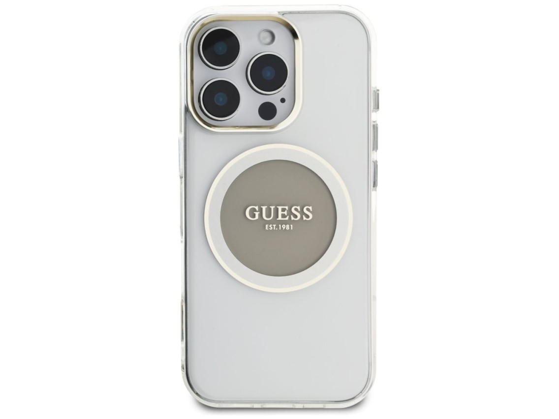 Capa MagSafe Guess IML Metal Colored Circle Classic Logo para iPhone 16 Pro - cinza