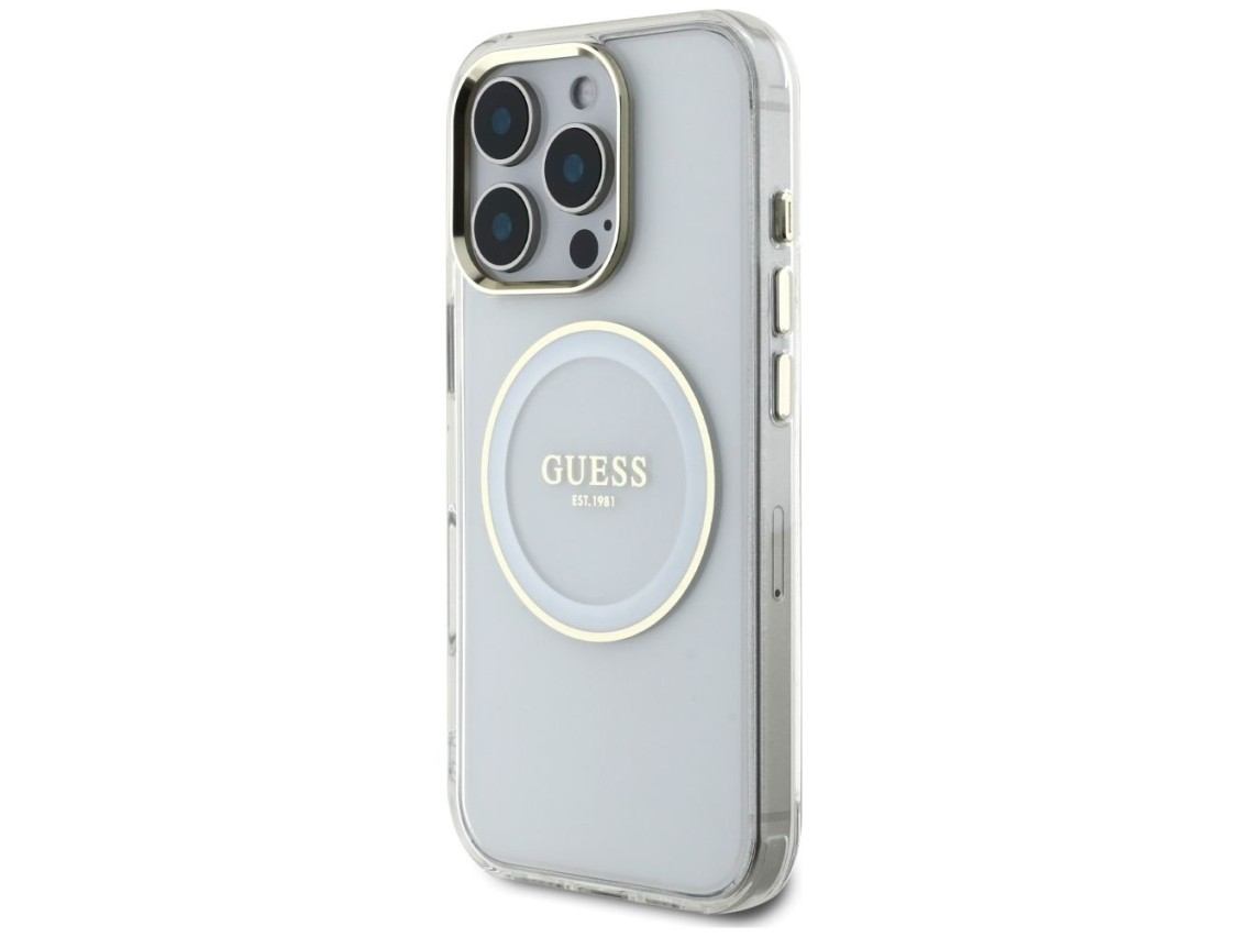 Capa MagSafe Guess IML Metal Colored Circle Classic Logo para iPhone 16 Pro - branca