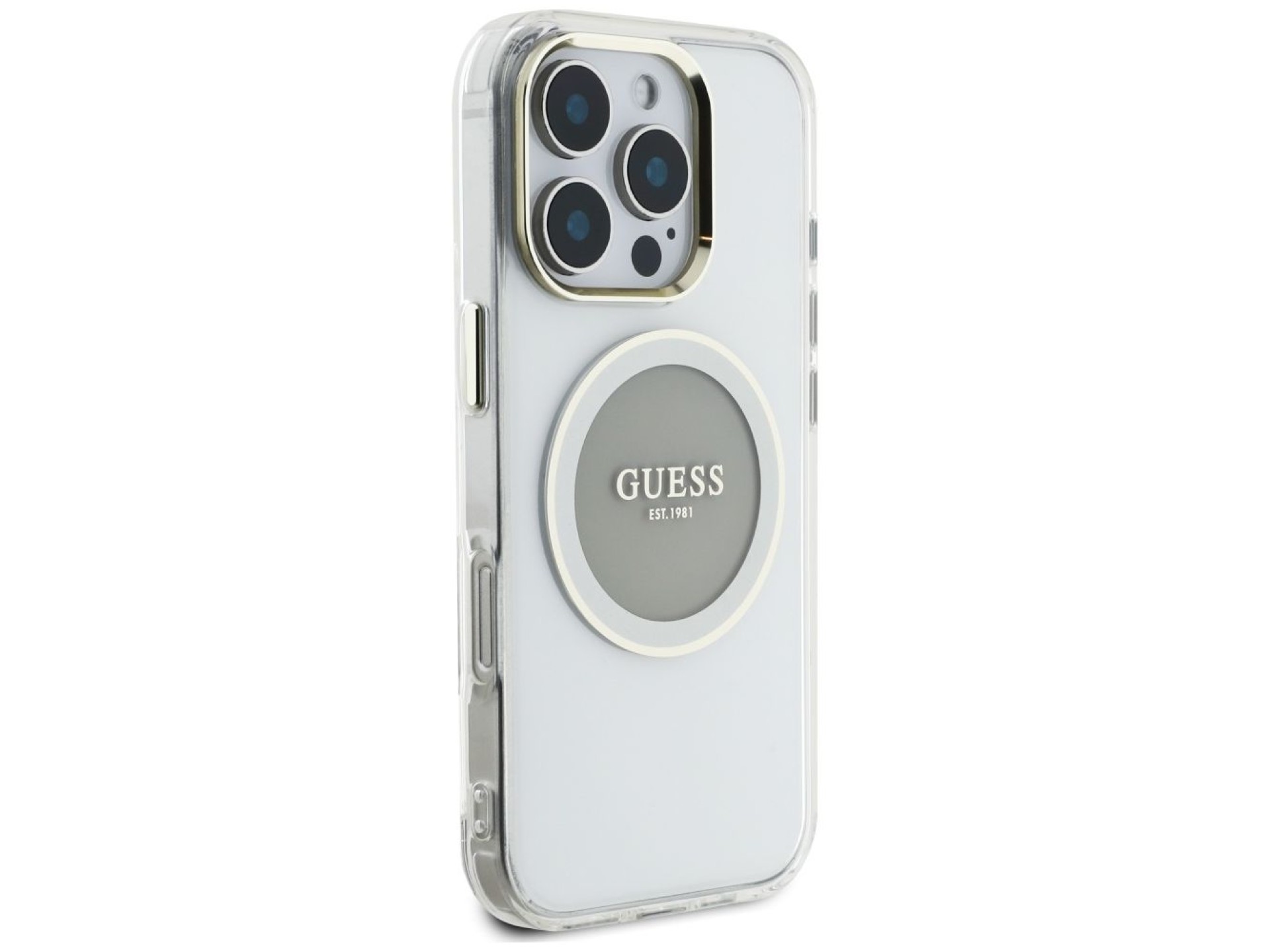 Capa MagSafe Guess IML Metal Colored Circle Classic Logo para iPhone 16 Pro - cinza