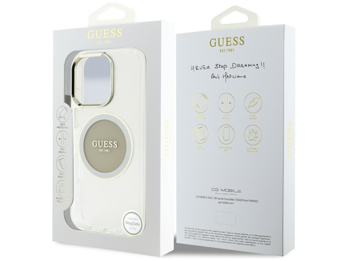 Funda Guess IML Metal Colored Circle Classic Logo MagSafe para iPhone 16 Pro Max - gris