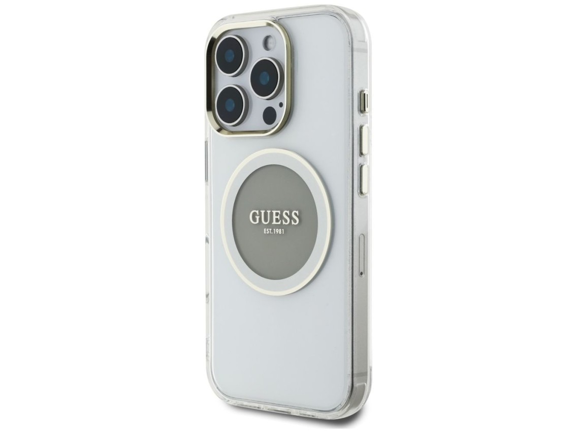 Capa MagSafe Guess IML Metal Colored Circle Classic Logo para iPhone 16 Pro - cinza
