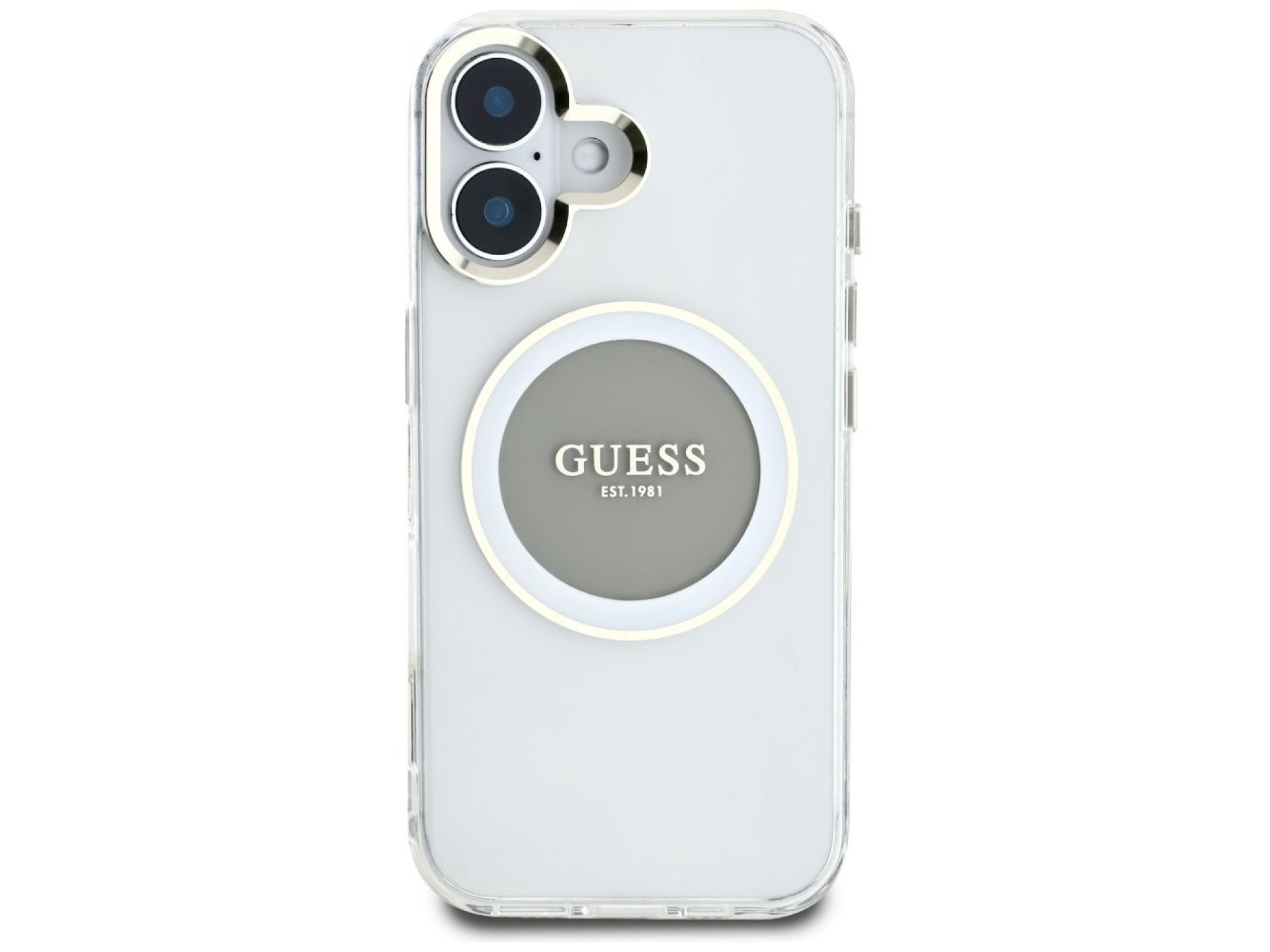 Capa MagSafe Guess IML Metal Colored Circle Classic Logo para iPhone 16 - cinza