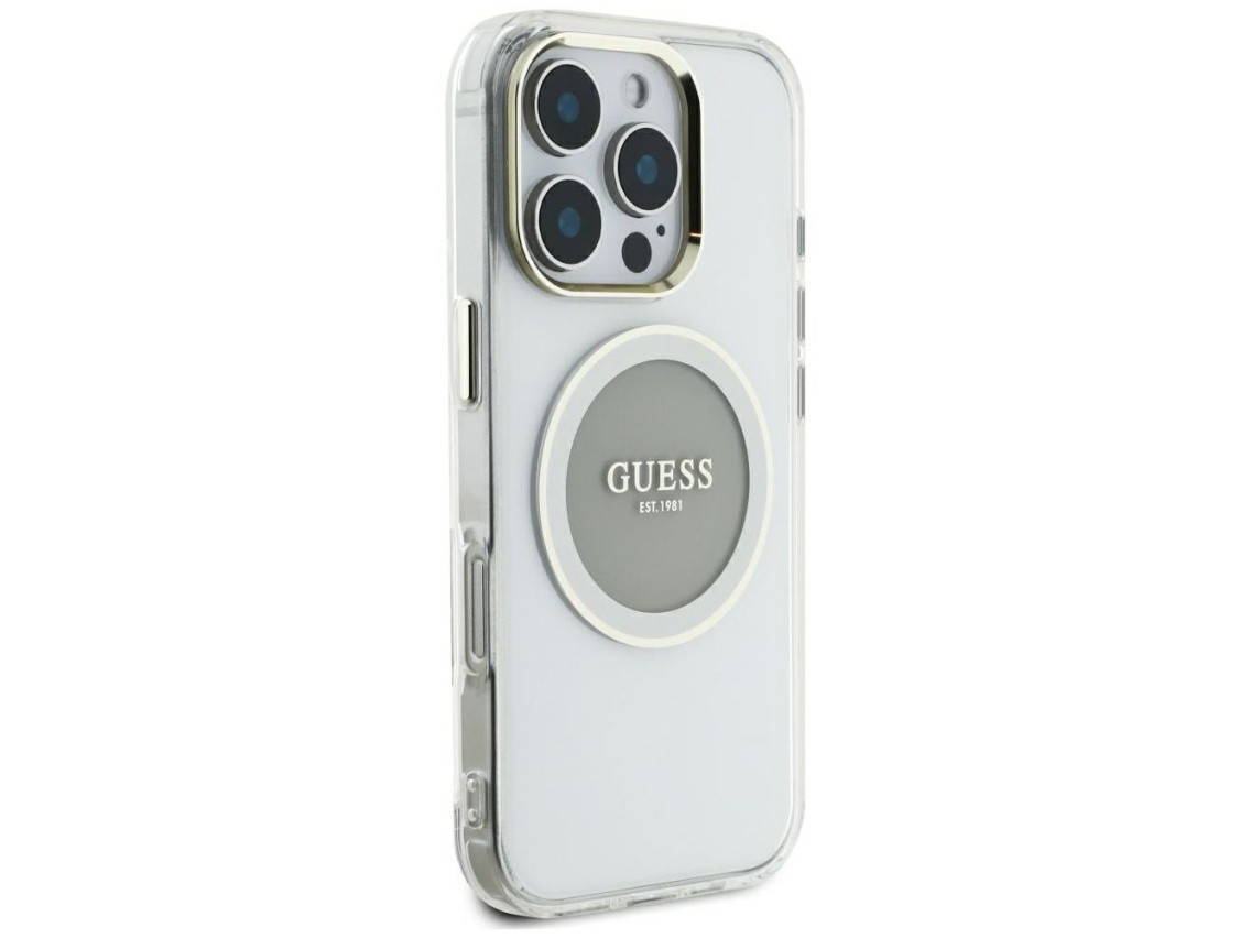 Funda Guess IML Metal Colored Circle Classic Logo MagSafe para iPhone 16 Pro Max - gris