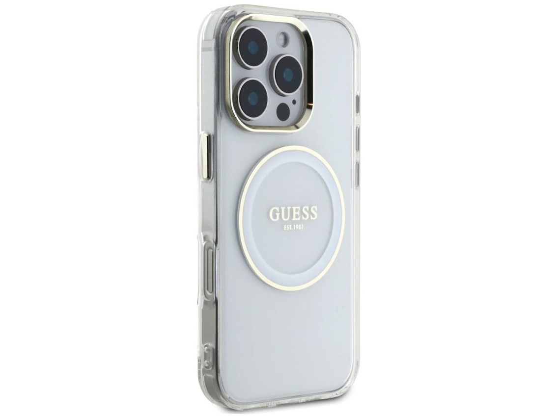 Capa MagSafe Guess IML Metal Colored Circle Classic Logo para iPhone 16 Pro - branca