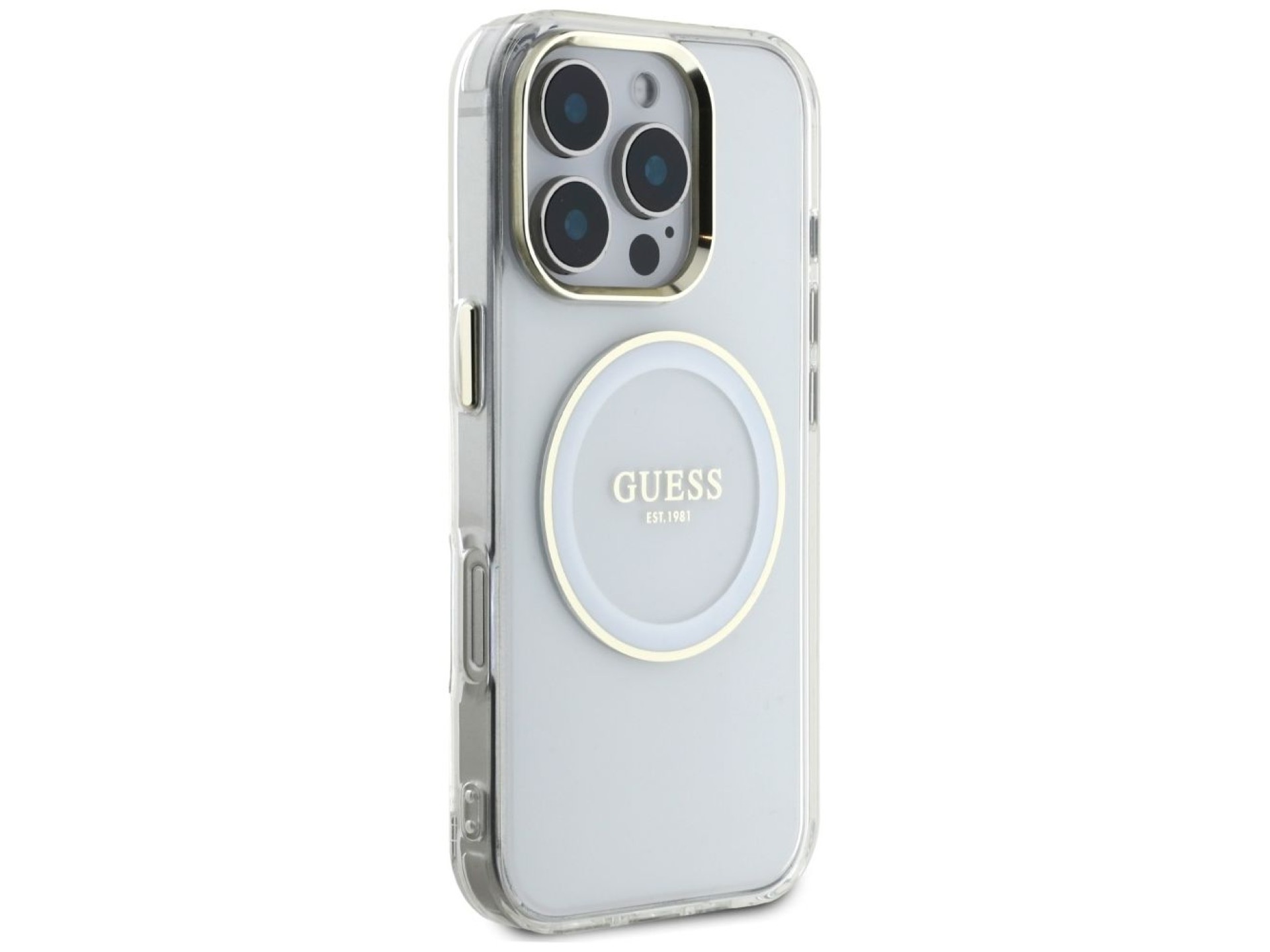Capa MagSafe Guess IML Metal Colored Circle Classic Logo para iPhone 16 Pro - branca